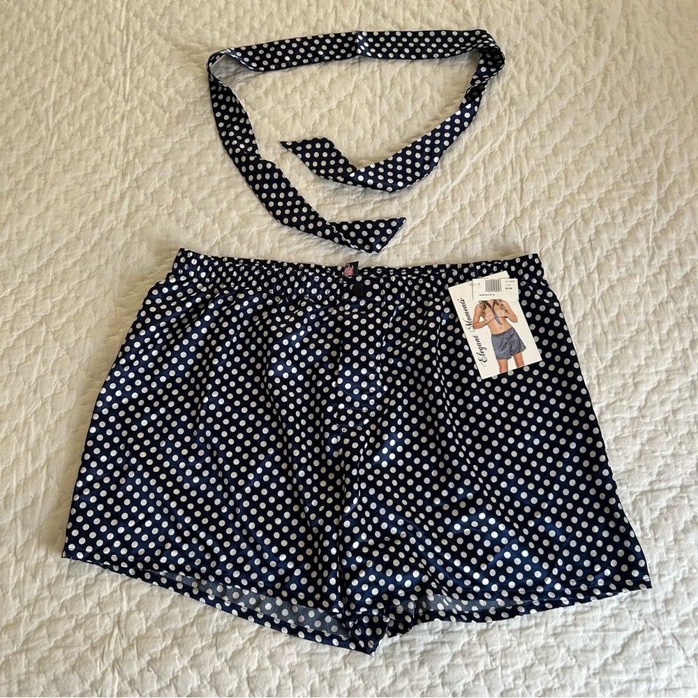 Navy Blue Polka Dot Silk Shorts with Tie Necktie Lingerie XL